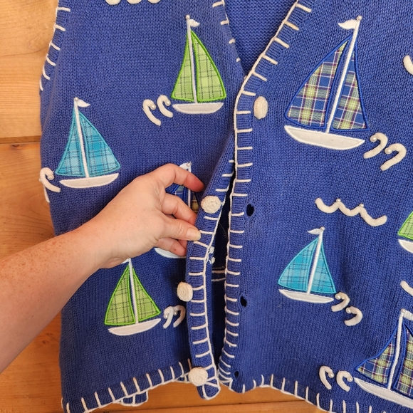 Mandal Bay Vintage Sailboat Knit Sweater Vest Nautical Embroidered Beaded Size M - Picture 6 of 9